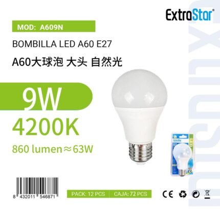 BOMBILLA BOLA LED A60 9W 860L 4200K LUZ NATURAL