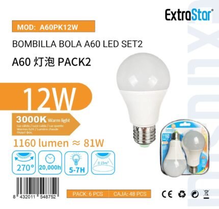 ΛΑΜΠΕΣ LED ΣΦΑΙΡΙΚΗ ΓΙΑ ΝΤΟΥΙ E27 12W 3000K