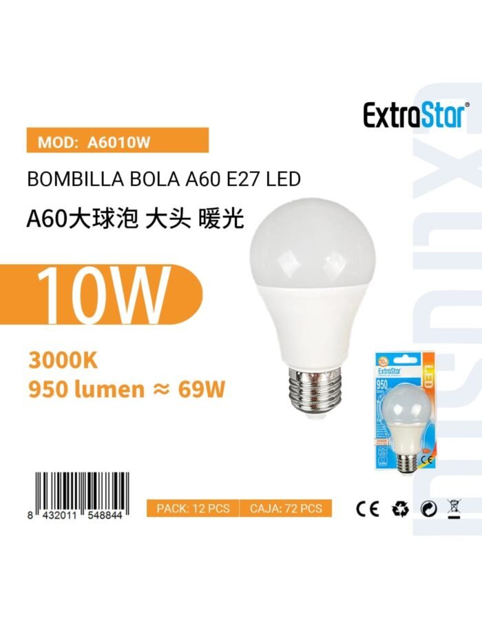 BOMBILLA BOLA LED 10W/E27 3000K LUZ CALIDA CJ72 - Image 1