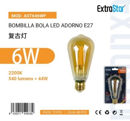 BOMBILLA LED ADORNO E27/6W 2200K 540LM CJ48