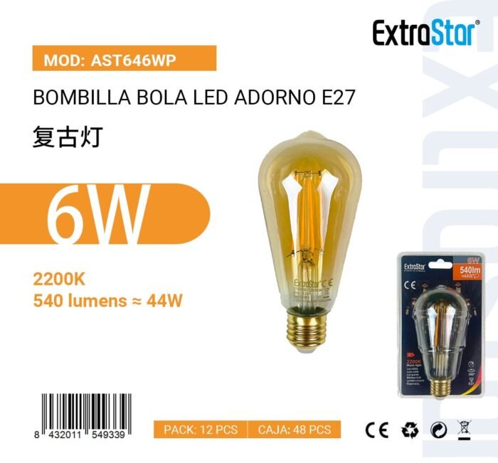 BOMBILLA LED ADORNO E27/6W 2200K 540LM CJ48 - Image 1