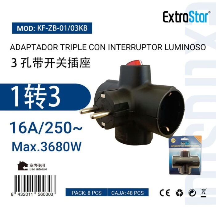 ADAPTADOR NEGRO CON INTERRUPTOR 3X16A 250V MAX. 3680W - Image 1