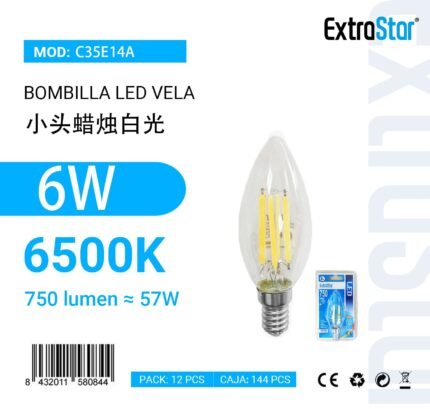 LAMPARA DE LED VELA E14 6W 6500K LUZ FRIA CJ144
