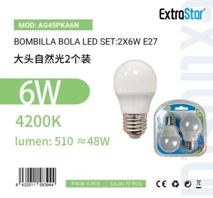 ΛΑΜΠΕΣ LED ΣΦΑΙΡΙΚΗ ΓΙΑ ΝΤΟΥΙ E27 6W 4200K
