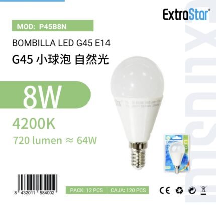BOMBILLA BOLA LED G45 8W/E14 4200K LUZ NATURAL CJ1