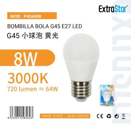 ΛΑΜΠΕΣ LED ΣΦΑΙΡΙΚΗ ΓΙΑ ΝΤΟΥΙ E27 8W 3000K