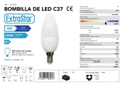 BOMBILLA LED VELA 4W E14 6500K LUZ FRIA CJ144