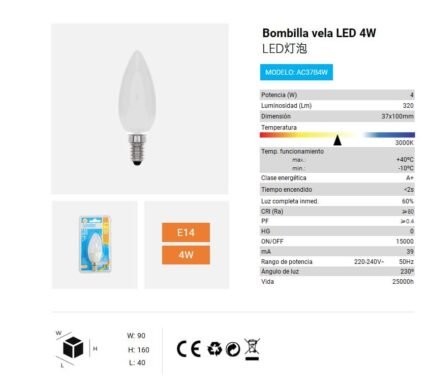BOMBILLA LED VELA 4W E14 3000K LUZ CALIDA CJ144