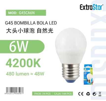 ΛΑΜΠΕΣ LED ΣΦΑΙΡΙΚΗ ΓΙΑ ΝΤΟΥΙ E27 6W 4200K