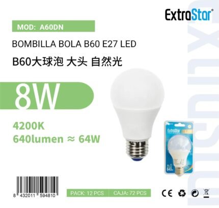ΛΑΜΠΕΣ LED ΣΦΑΙΡΙΚΗ ΓΙΑ ΝΤΟΥΙ E27 8W 4200K