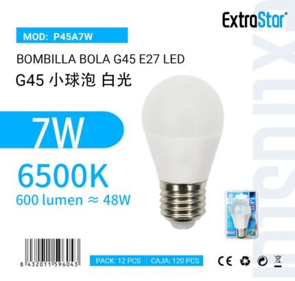 BOMBILLA BOLA LED G45 7W/E27 6400K LUZ DIA CJ120