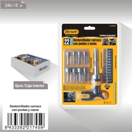 DESTORNILLADOR CARRACA CON PUNTAS Y VASOS 22PCS