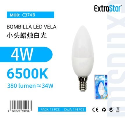 BOMBILLA LED VELA 4W E14 380L 6500K LUZ FRIA