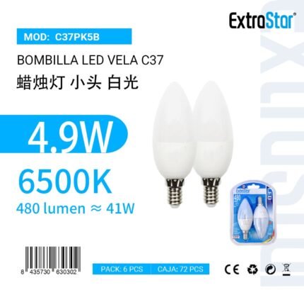 BOMBILLA VELA LED 5W/E14 6500K LUZ DÍA
