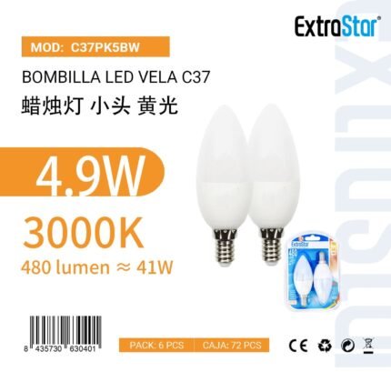 BOMBILLA VELA LED 5W/E14 3000K LUZ CÁLIDA