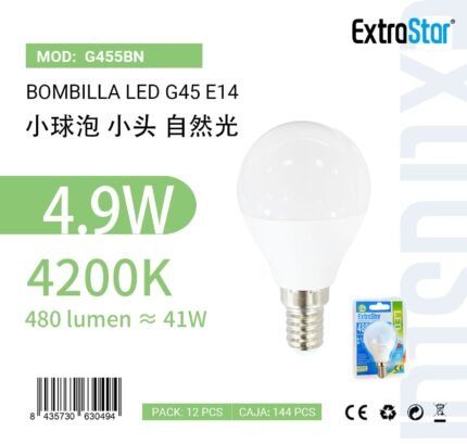 ΛΑΜΠΑ LED ΜΕ ΨΥΧΡΟ ΦΩΣ G45 E14 4.9W 4200K