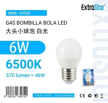 ΛΑΜΠΑ LED ΜΕ ΨΥΧΡΟ ΦΩΣ G45 6W 6500K