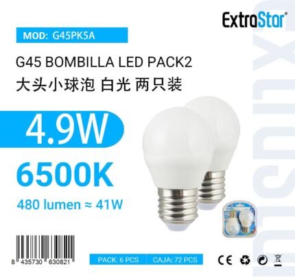 BOMBILLA BOLA LED PACK2 4.9W E27 480L 6500K LUZ FRIA