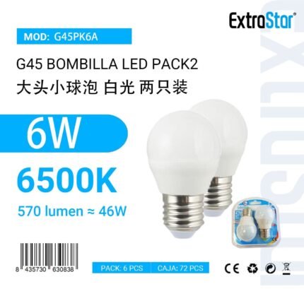 ΛΑΜΠΕΣ LED ΣΦΑΙΡΙΚΗ ΓΙΑ ΝΤΟΥΙ E27 6W 6500K 2PCS