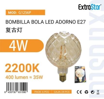 ΛΑΜΠΤΗΡAΣ LED G125 ΜΕ ΘΕΡΜΟ ΦΩΣ E27 4W 400LM 2700K