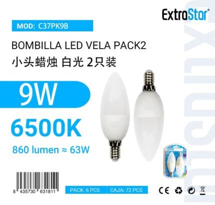 BOMBILLA VELA LED 9W E14 860LM PACK2 6500K LUZ FRIA