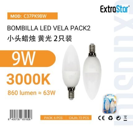 BOMBILLA VELA LED 9W E14 860LM PACK2 3000K LUZ CALIDA